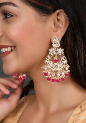 Traditional Kundan And Dark Pink Stones Chandbali Drop Earrings