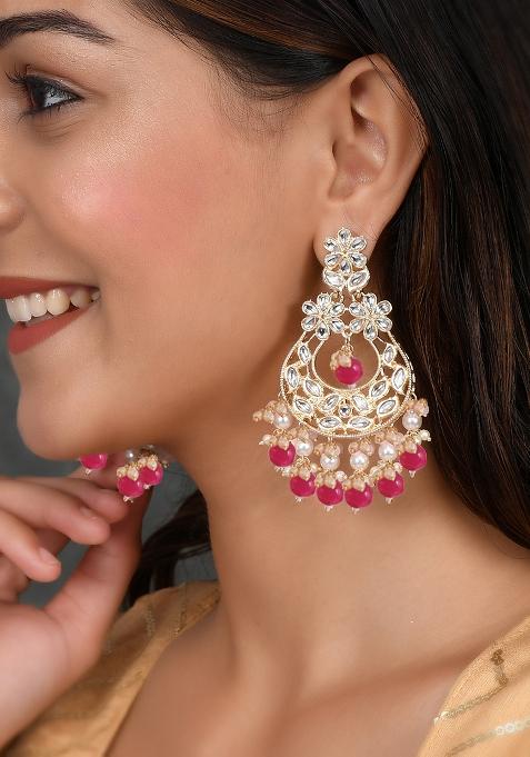Traditional Kundan And Dark Pink Stones Chandbali Drop Earrings