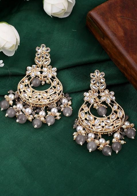 Traditional Kundan And Grey Stones Chandbali Drop Earrings