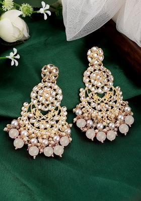 Gold Plated Traditional Kundan And White Stone Drop Statement Earrings