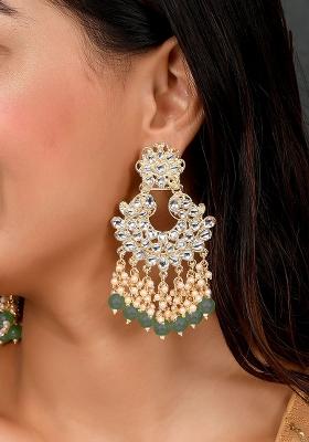 Traditional Gold Plated Kundan And Pearl Green Chandbali Earrings