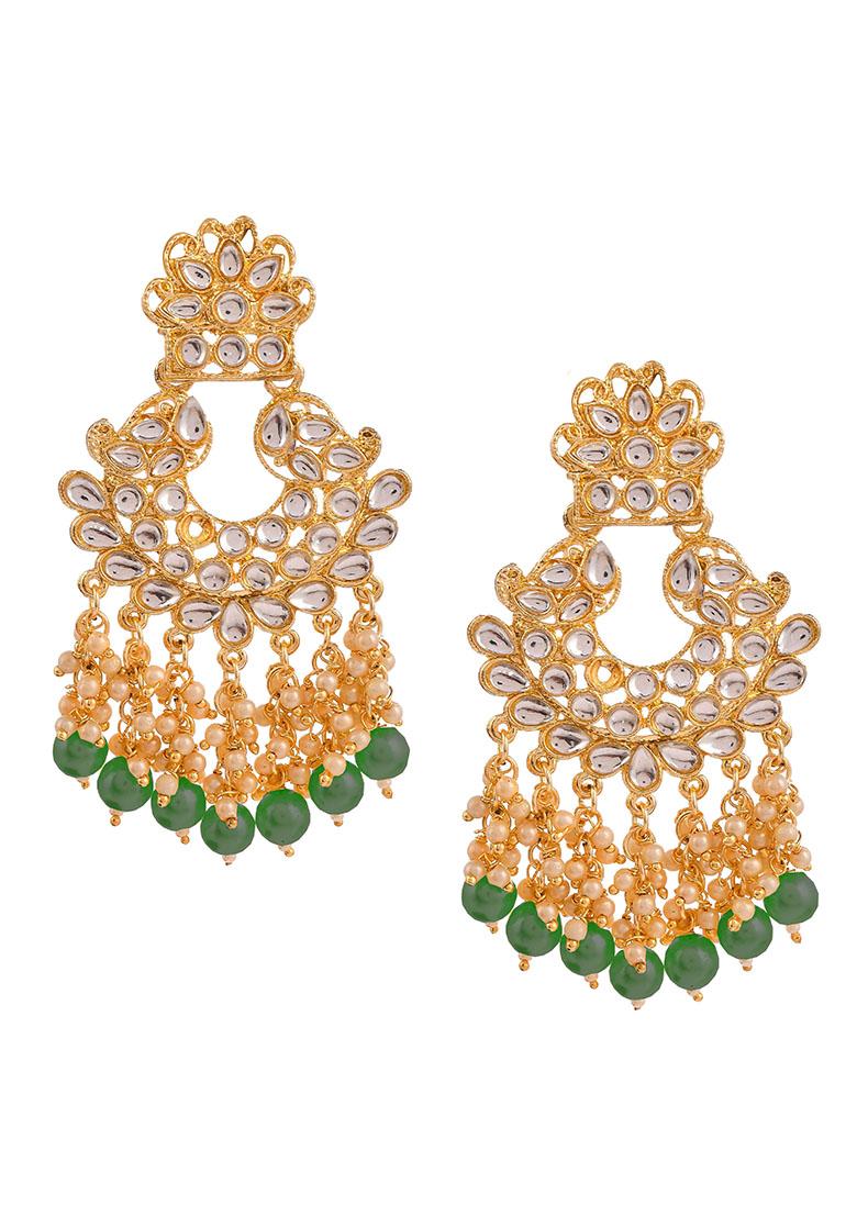 Traditional Gold Plated Kundan And Pearl Green Chandbali Earrings