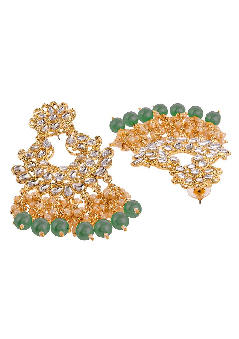 Traditional Gold Plated Kundan And Pearl Green Chandbali Earrings