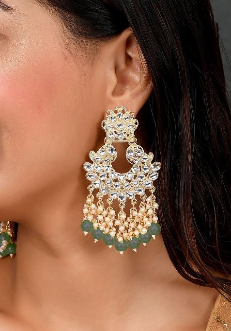 Traditional Gold Plated Kundan And Pearl Green Chandbali Earrings