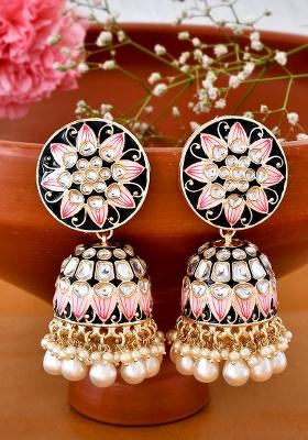 Black Meenakari And Kundan Studded Gold Plated Jhumka Earrings