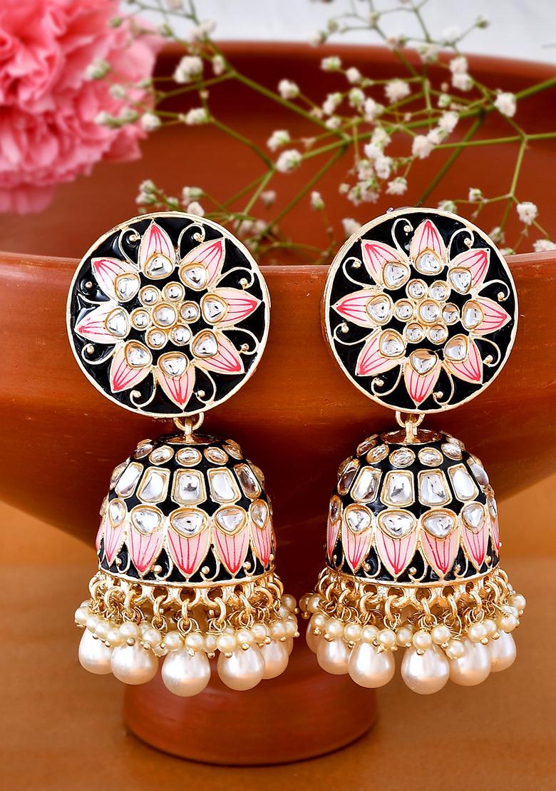 Black Meenakari And Kundan Studded Gold Plated Jhumka Earrings
