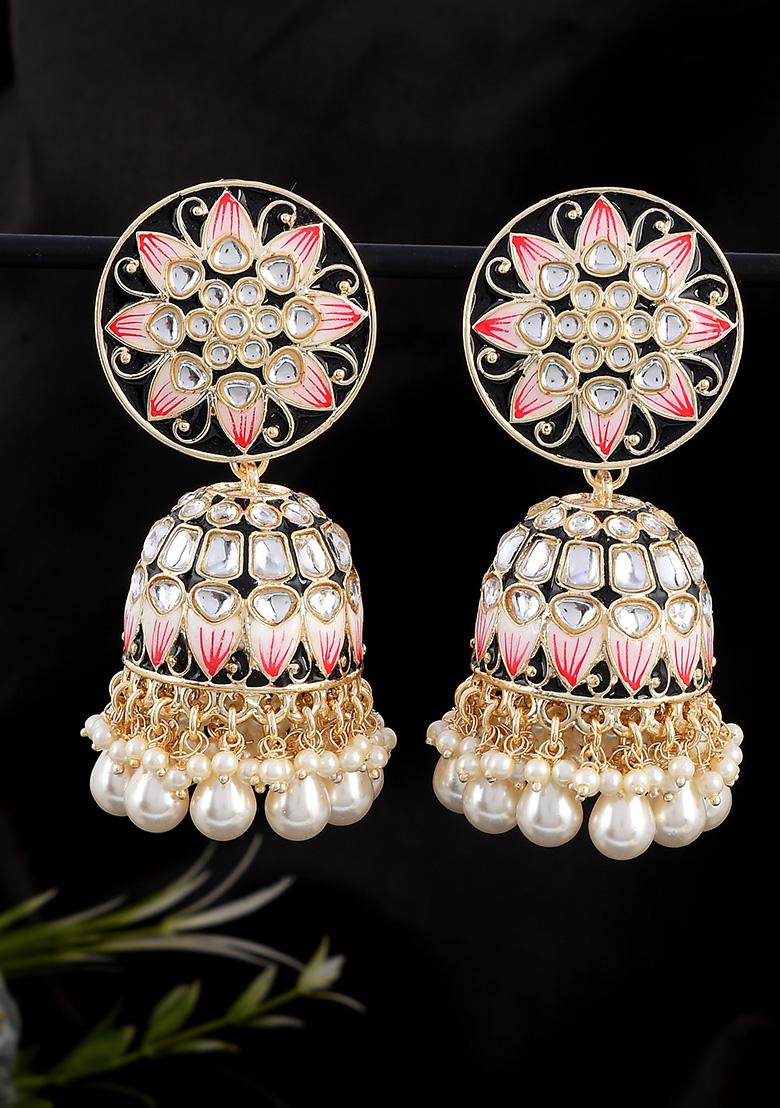 Black Meenakari And Kundan Studded Gold Plated Jhumka Earrings