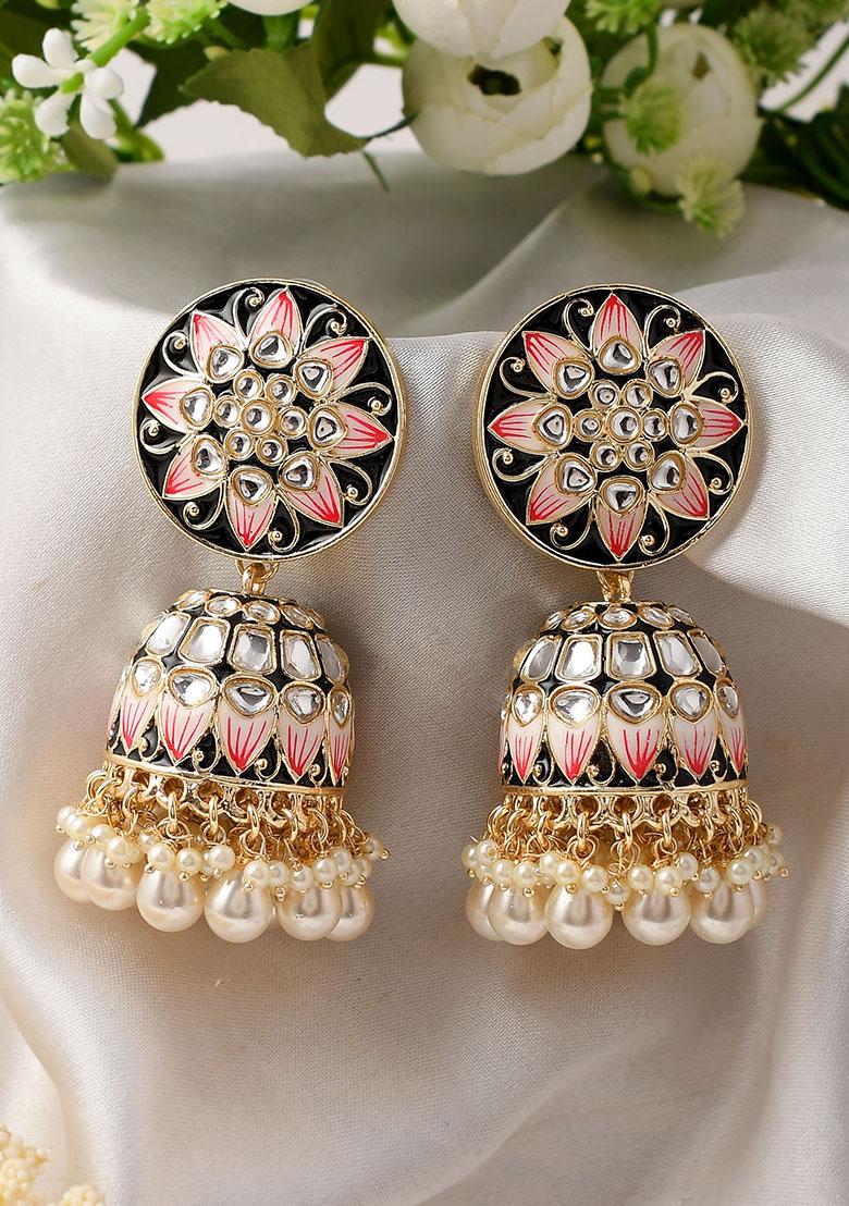 Black Meenakari And Kundan Studded Gold Plated Jhumka Earrings