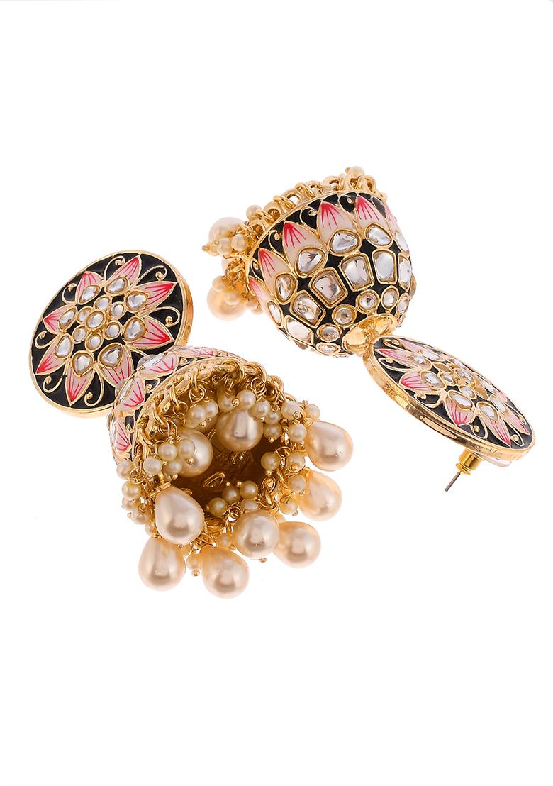 Black Meenakari And Kundan Studded Gold Plated Jhumka Earrings