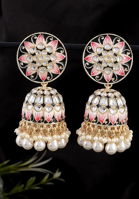 Black Meenakari And Kundan Studded Gold Plated Jhumka Earrings