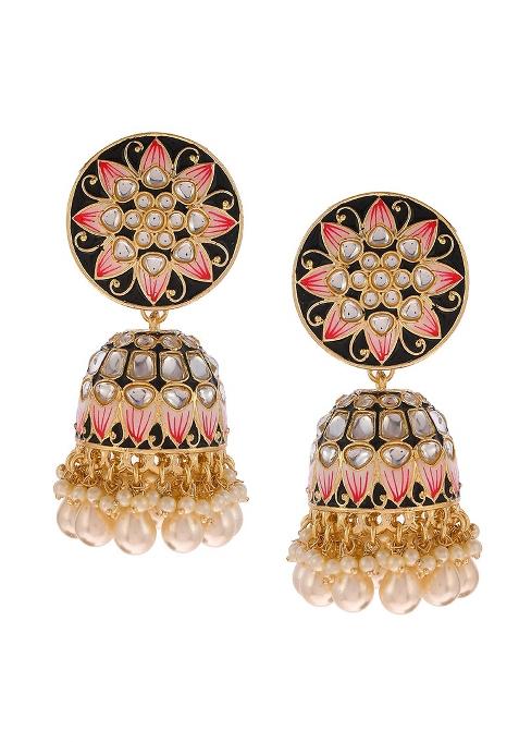 Black Meenakari And Kundan Studded Gold Plated Jhumka Earrings