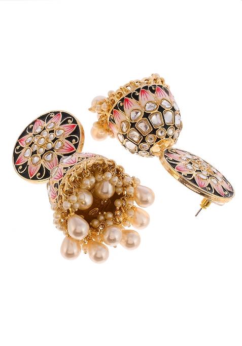 Black Meenakari And Kundan Studded Gold Plated Jhumka Earrings