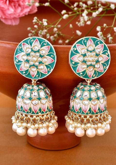 Green Meenakari And Kundan Studded Gold Plated Jhumka Earrings