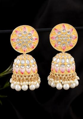 Yellow Meenakari And Kundan Studded Gold Plated Jhumka Earrings
