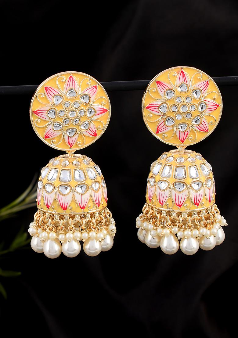 Yellow Meenakari And Kundan Studded Gold Plated Jhumka Earrings