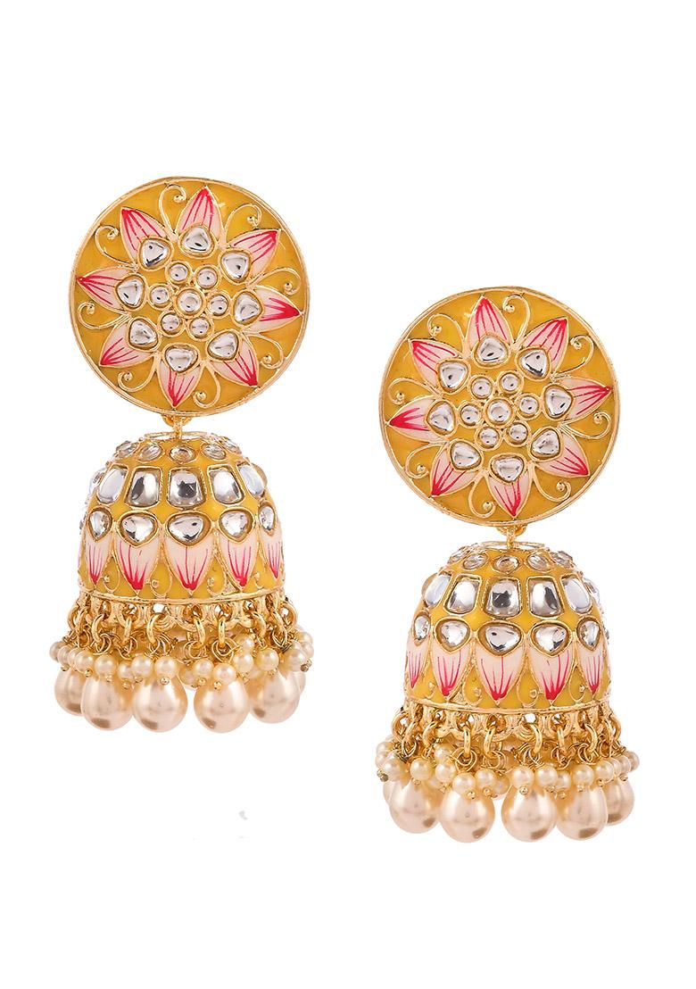 Yellow Meenakari And Kundan Studded Gold Plated Jhumka Earrings