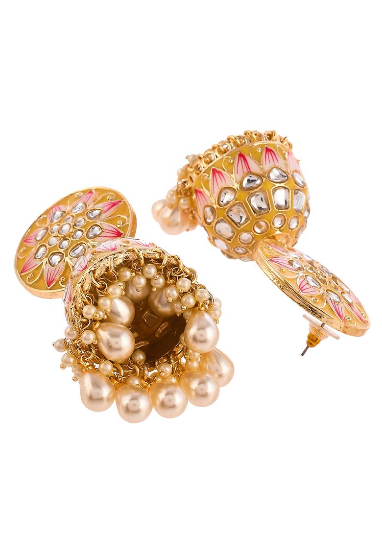 Yellow Meenakari And Kundan Studded Gold Plated Jhumka Earrings