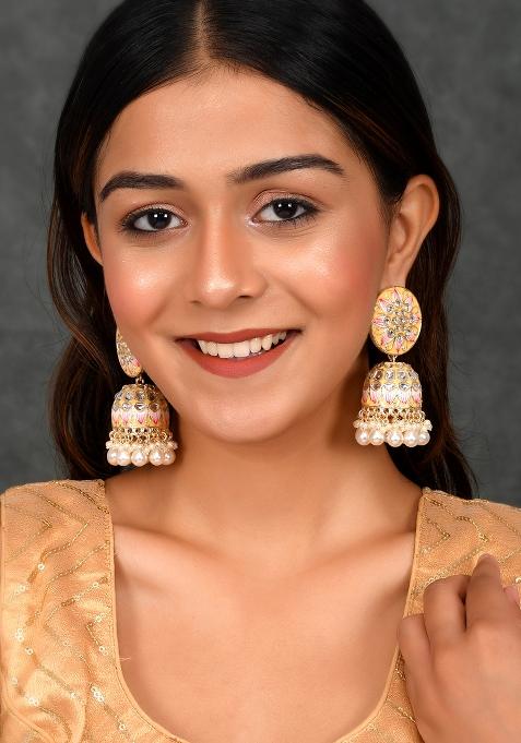 Yellow Meenakari And Kundan Studded Gold Plated Jhumka Earrings