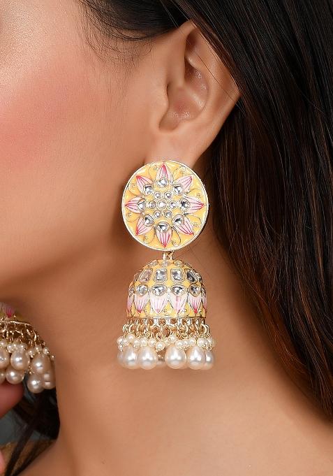 Yellow Meenakari And Kundan Studded Gold Plated Jhumka Earrings