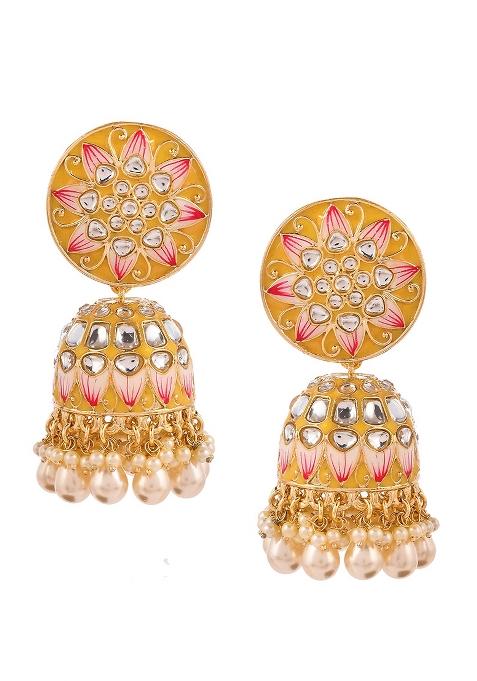 Yellow Meenakari And Kundan Studded Gold Plated Jhumka Earrings