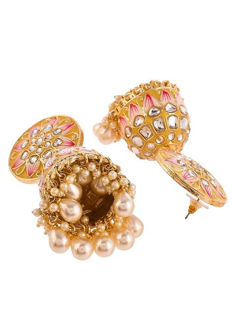 Yellow Meenakari And Kundan Studded Gold Plated Jhumka Earrings