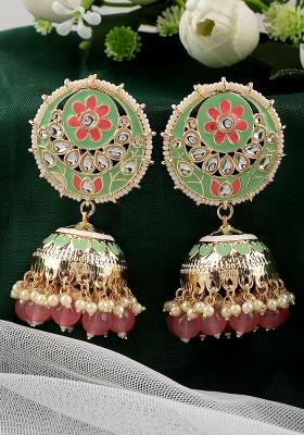 Pink And Green Meenakari And Kundan Jhumka Earrings