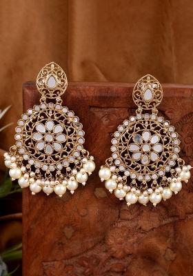 Gold Plated Mirror Jhumka Earrings With Offwhite Stones