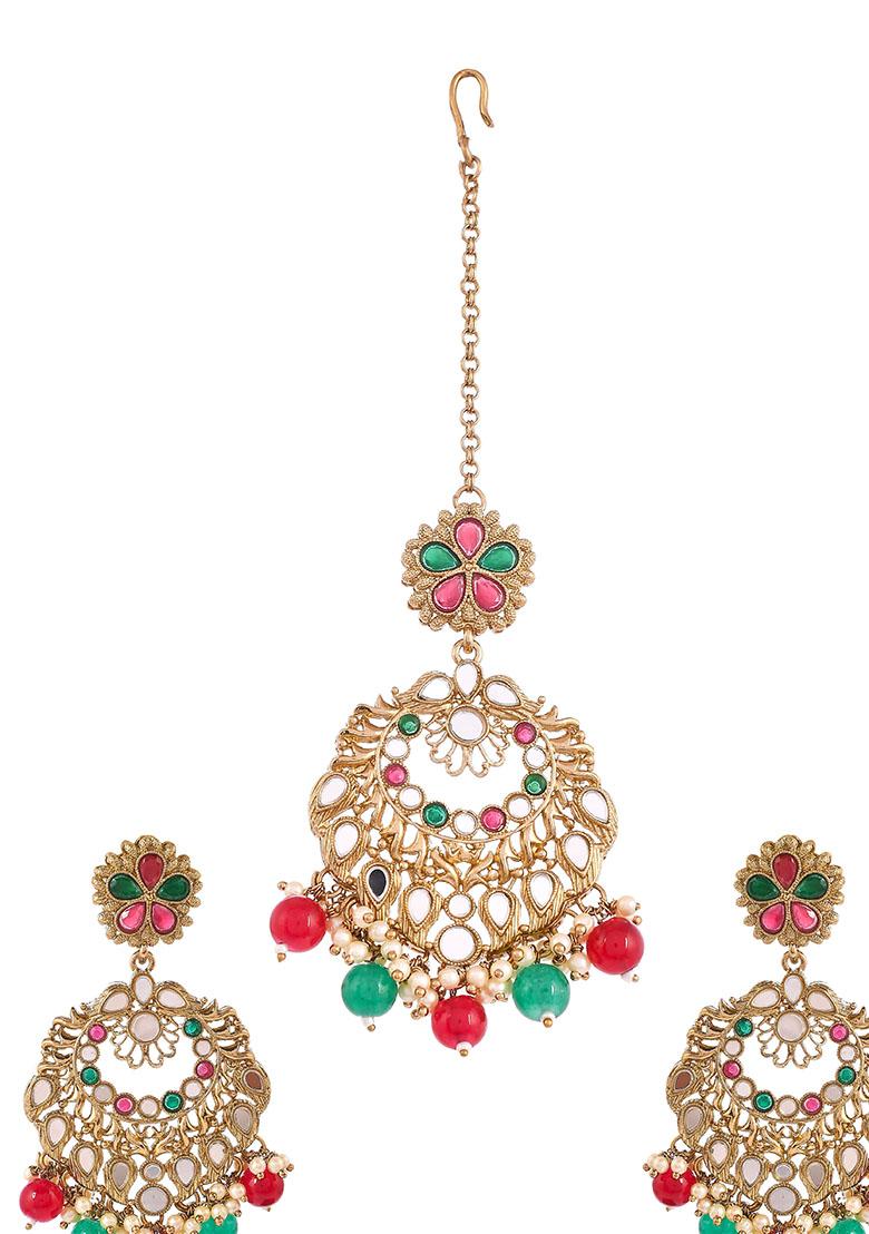 Mirror Stones Tika With Earrings Set With Red Green Stone Drops Gold Plated - Indya