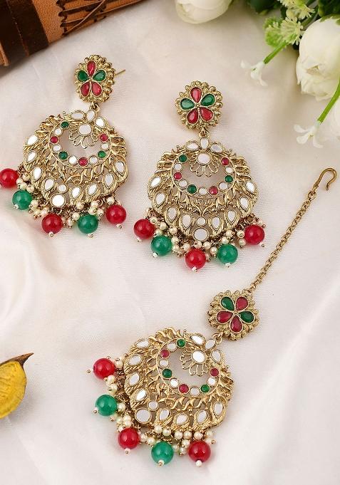Mirror Stones Tika With Earrings Set With Red Green Stone Drops Gold Plated
