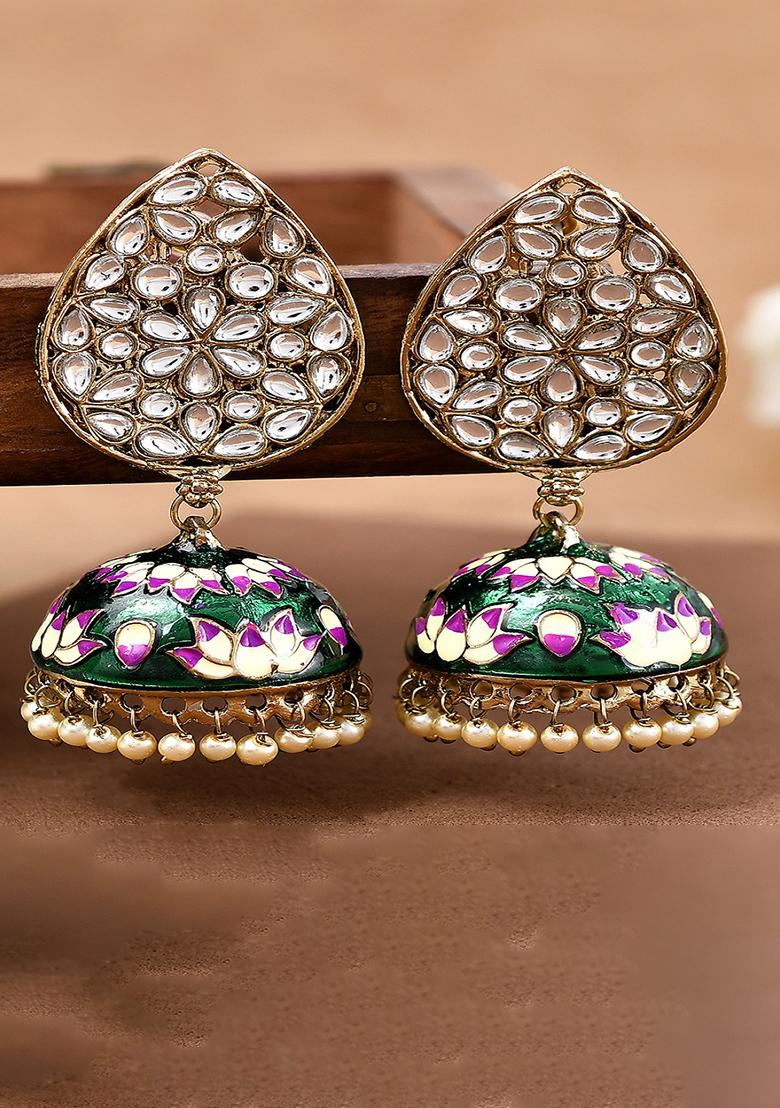 Green Meenakari Teardrop Kundan Jhumkas