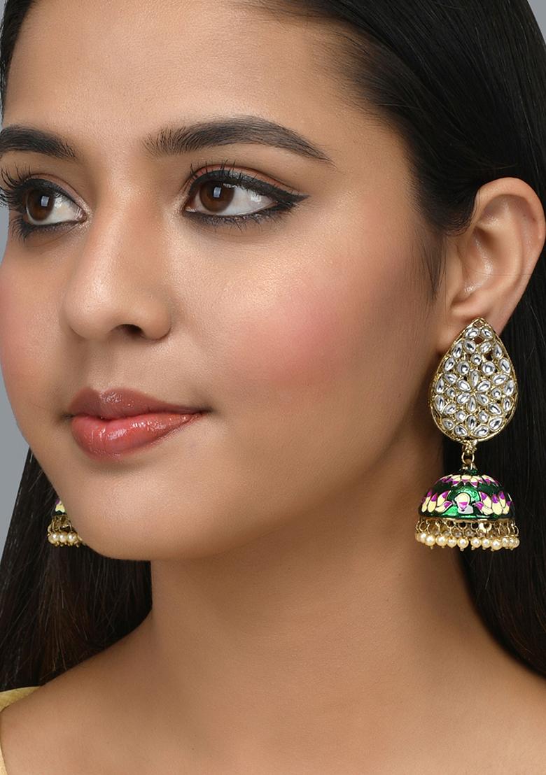 Green Meenakari Teardrop Kundan Jhumkas