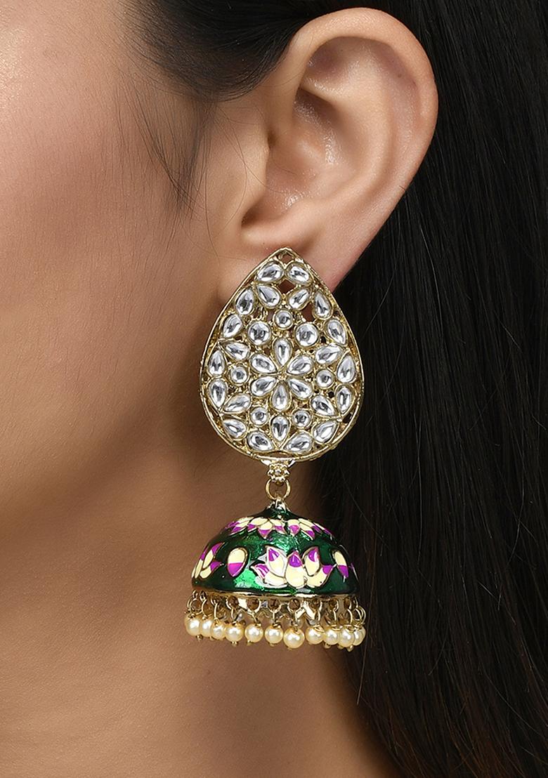 Green Meenakari Teardrop Kundan Jhumkas