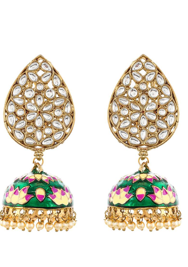 Green Meenakari Teardrop Kundan Jhumkas