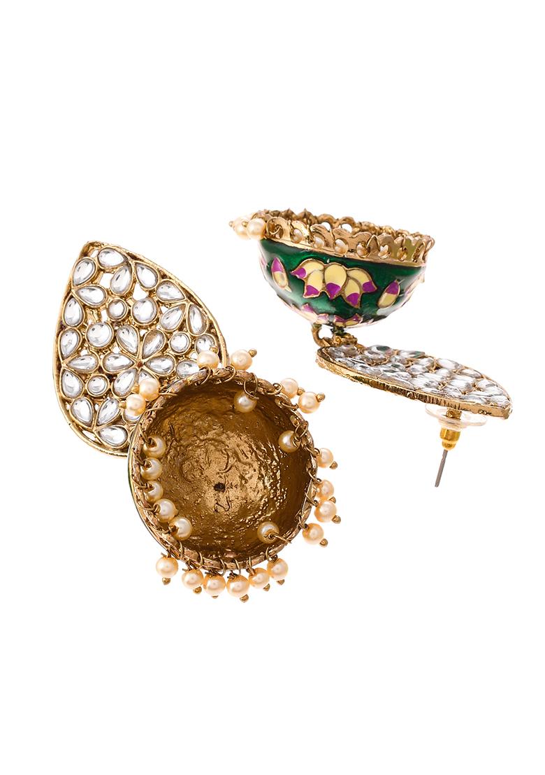 Green Meenakari Teardrop Kundan Jhumkas