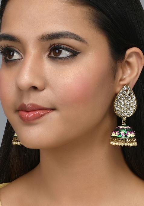 Green Meenakari Teardrop Kundan Jhumkas