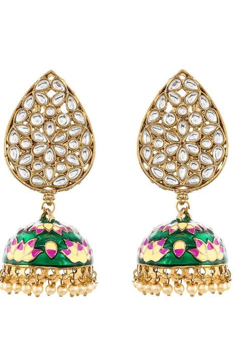 Green Meenakari Teardrop Kundan Jhumkas