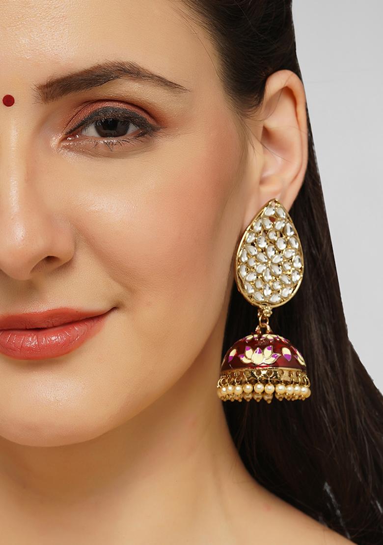 Red Meenakari Teardrop Kundan Jhumkas