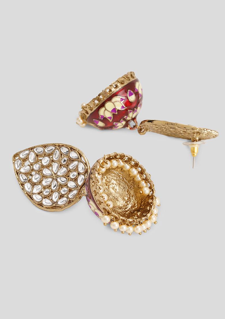 Red Meenakari Teardrop Kundan Jhumkas