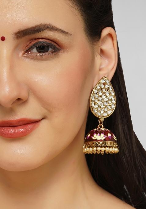 Red Meenakari Teardrop Kundan Jhumkas