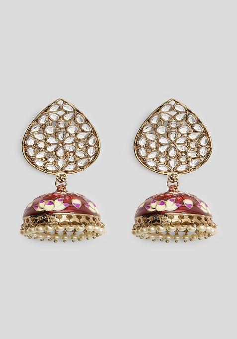 Red Meenakari Teardrop Kundan Jhumkas