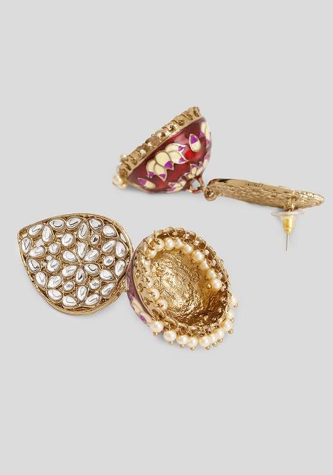 Red Meenakari Teardrop Kundan Jhumkas