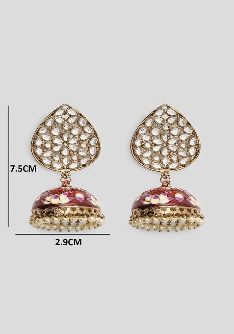 Red Meenakari Teardrop Kundan Jhumkas