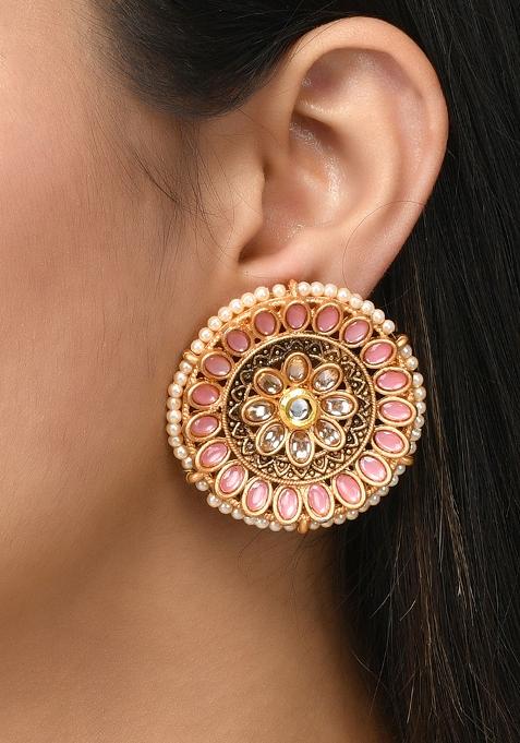 Big Round Pink Stud Earrings