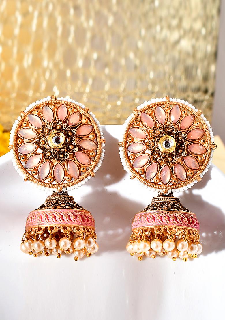 Round Pink Stud With Jhumkis Earrings