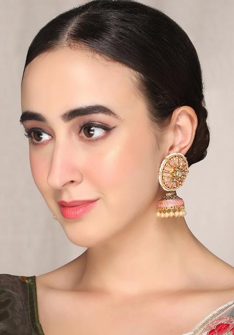 Round Pink Stud With Jhumkis Earrings