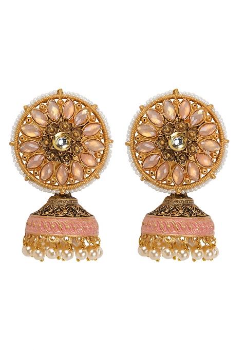 Round Pink Stud With Jhumkis Earrings