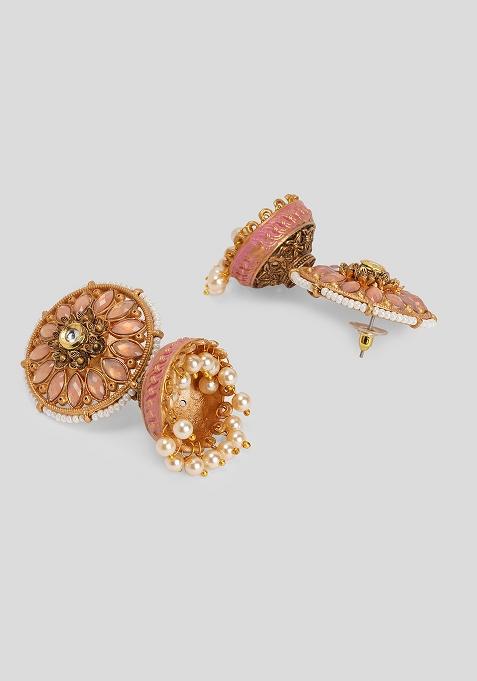 Round Pink Stud With Jhumkis Earrings