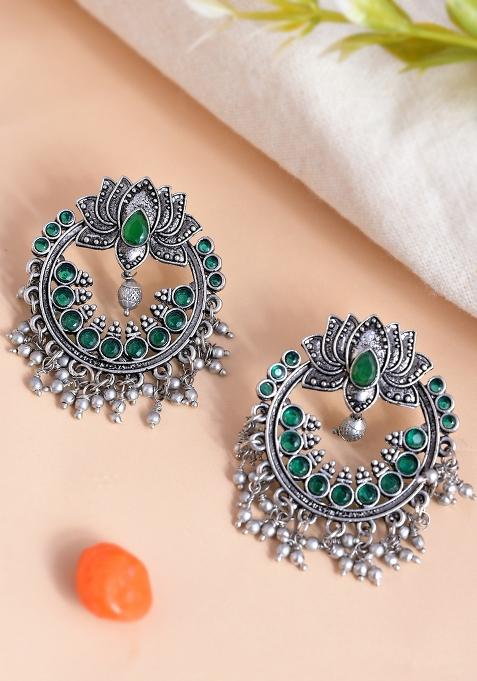 Oxidized Silver Pearl Lotus Chandbali Earrings