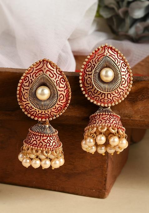Red Meenakari Small Jhumkis Earrings
