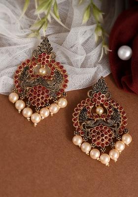 Enchanting Red Kemp Stone And Pearls Chandbali Earrings